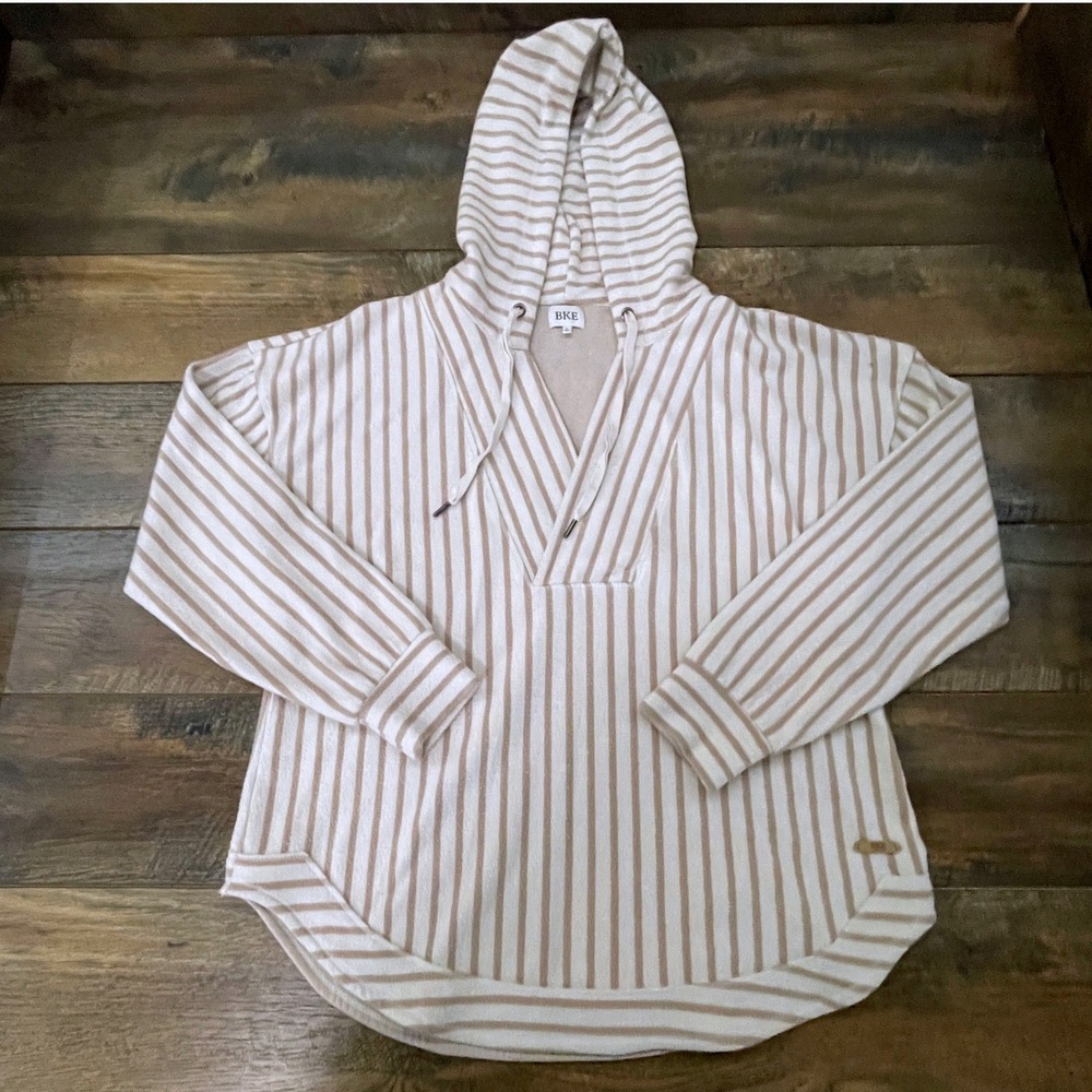 BKE Womens Tan White Striped V-Neck Pullover Hoodie Size Large Relaxed Fit Cozy